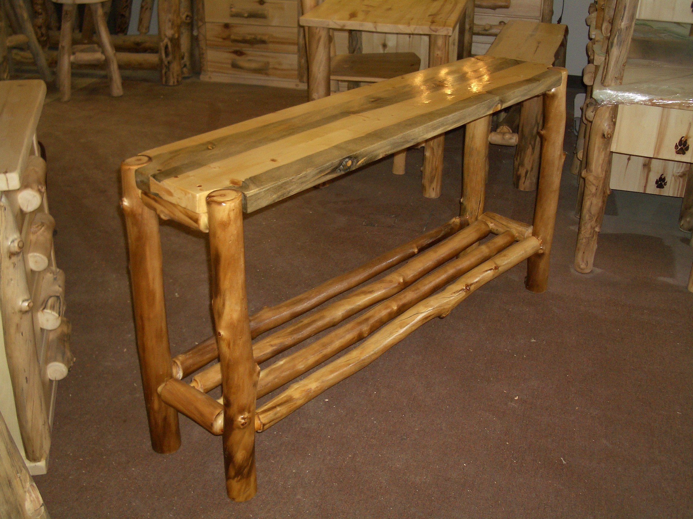 Beetle Kill Pine And Aspen Log Sofa Table With Spindle Shelf